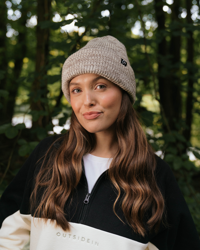 Oatmeal thermal beanie hat, knitted winter cap, cosy unisex warm accessory.