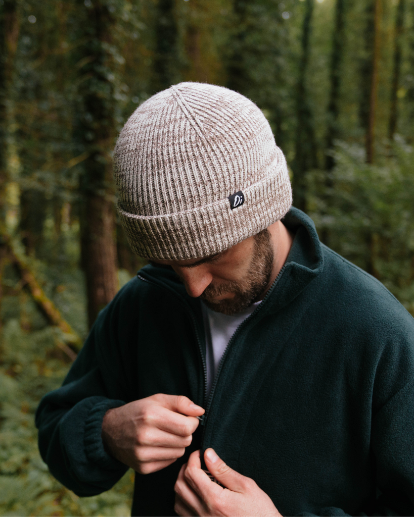 Oatmeal thermal beanie hat, knitted winter cap, cosy unisex warm accessory.