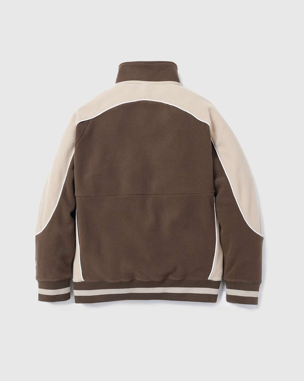 Brown sports fleece jacket with cream contrast panels and striped ribbed cuffs