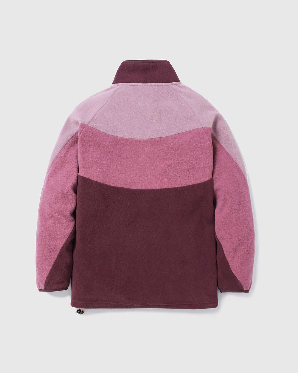 Two-tone fleece jacket with stand collar and zip, maroon and mauve color block