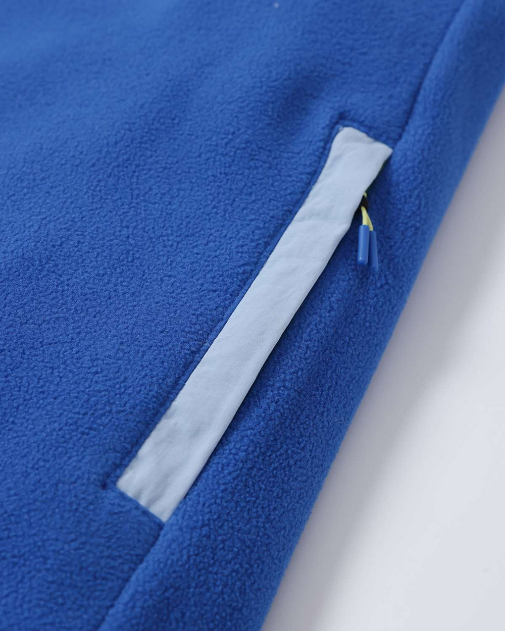 Microfleece jacket blue side panel with rectangular inner pocket and zipper