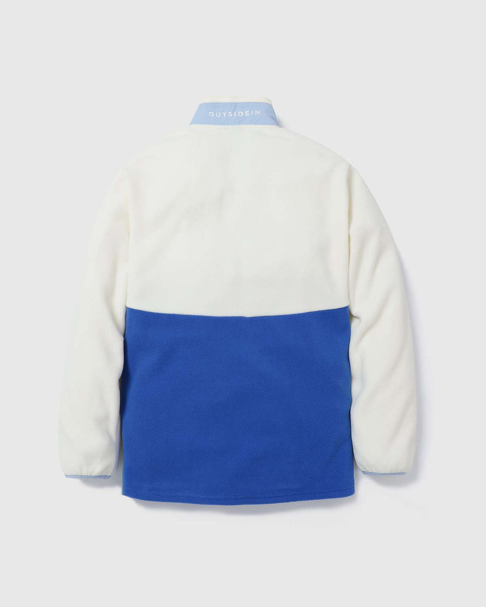 Microfleece pullover jacket back view in cream sleeves and blue lower panel