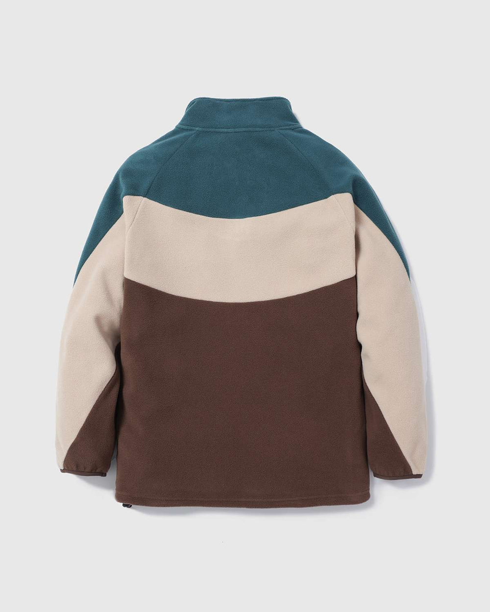 Colorblock fleece quarter-zip jacket, teal top with cream and brown back panels
