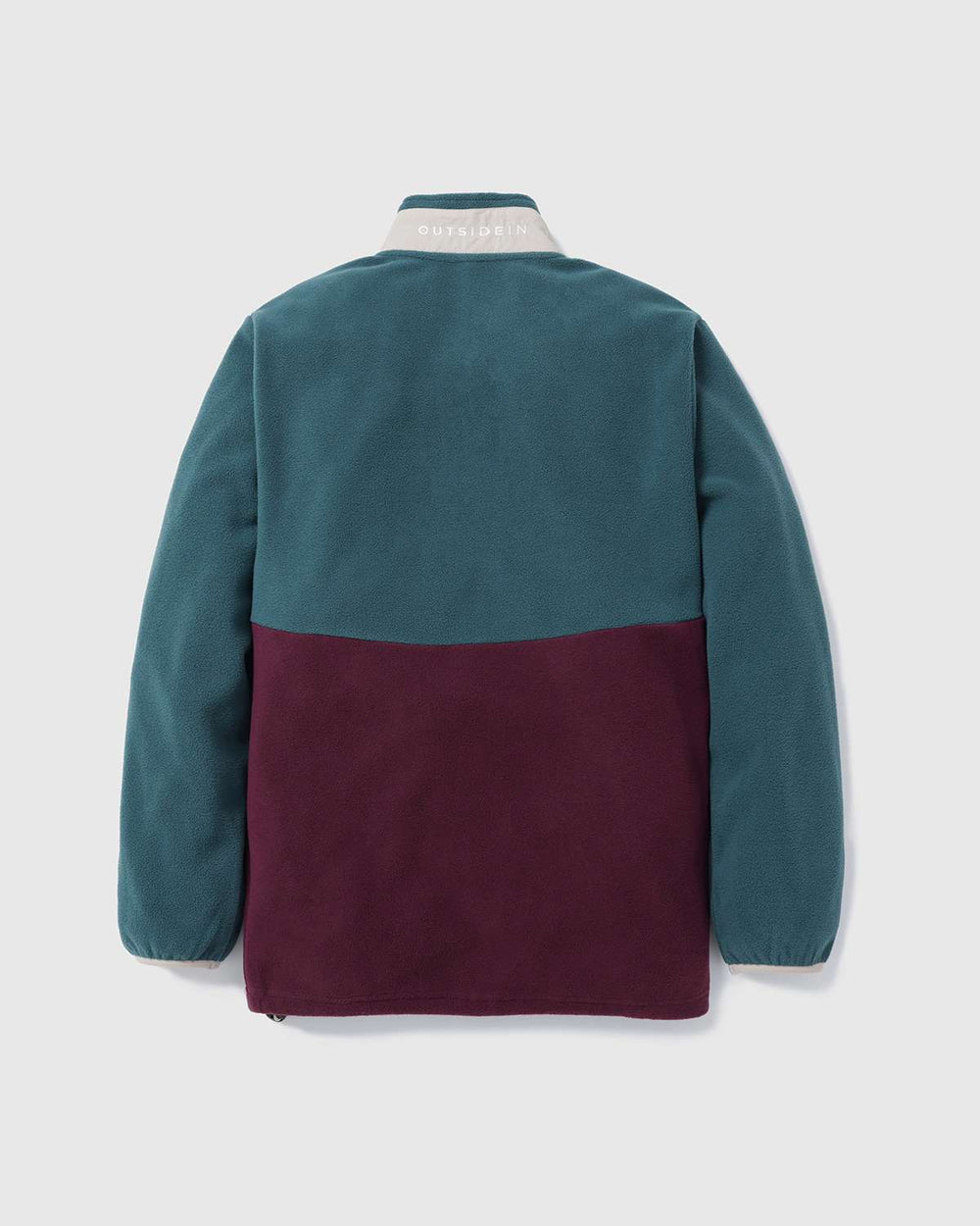 Back view of microfleece quarter-zip jacket, teal upper with maroon lower panel