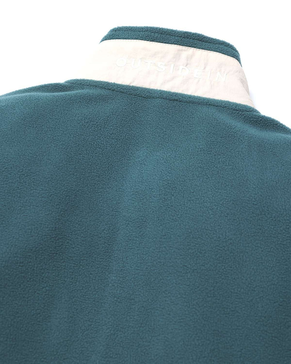 Teal microfleece pullover with ribbed collar and inner brand label