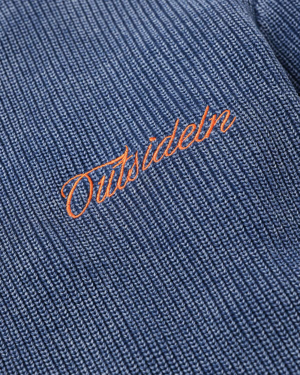 Blue rib knit sweater with orange embroidered script logo detail