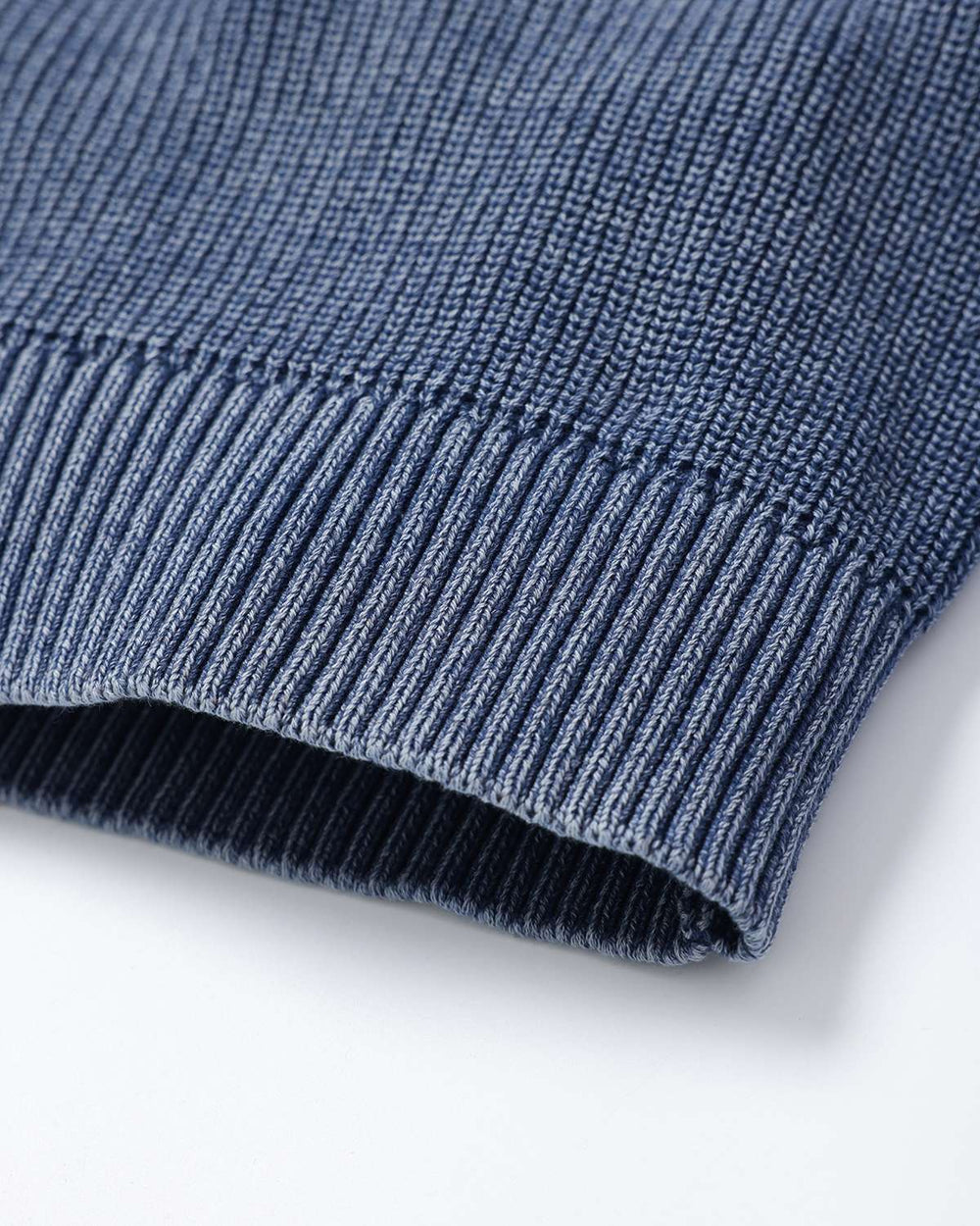 Blue rib knit sweater hem with elastic ribbed trim