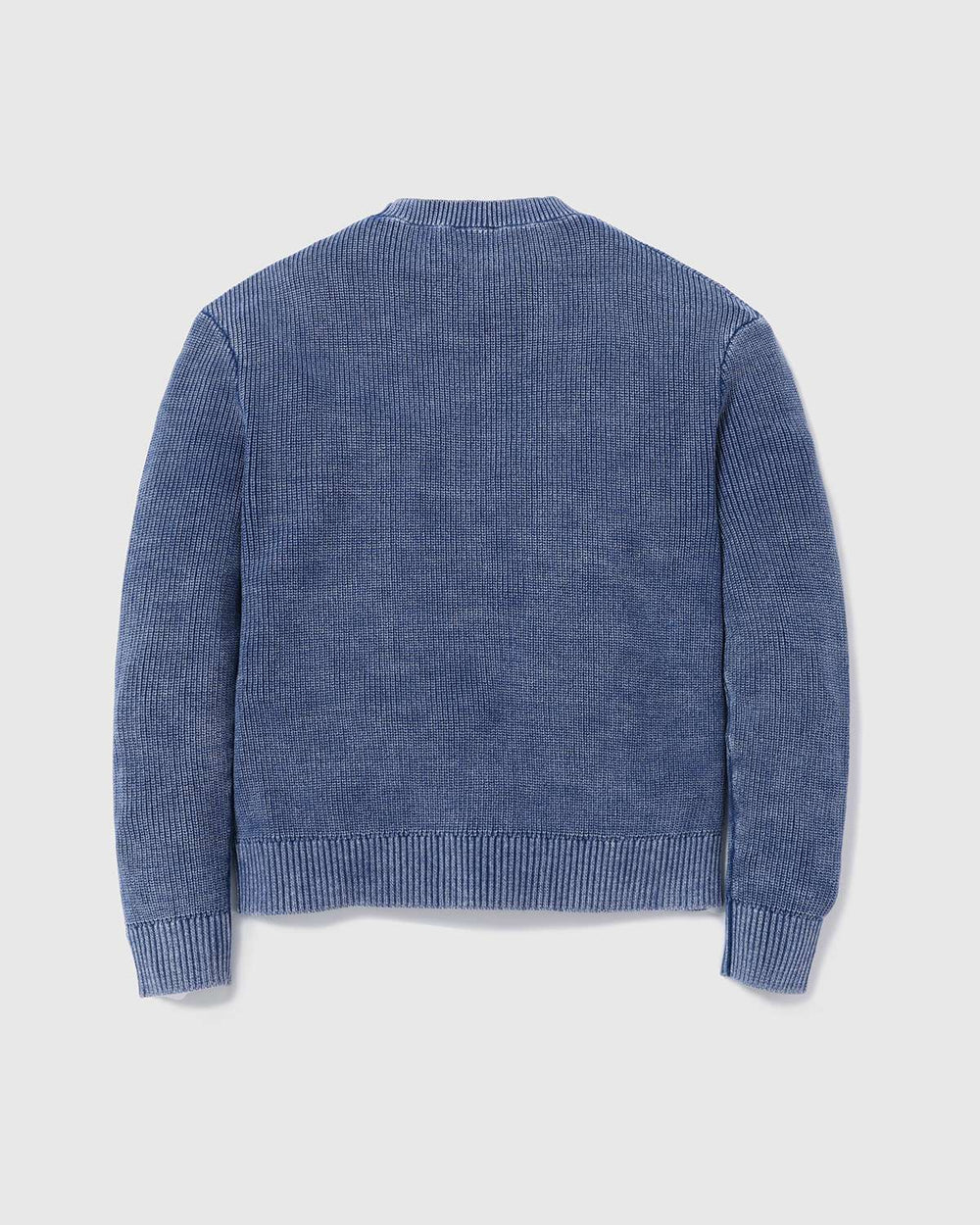 Blue rib knit sweater with crew neck, long sleeves, and ribbed hem