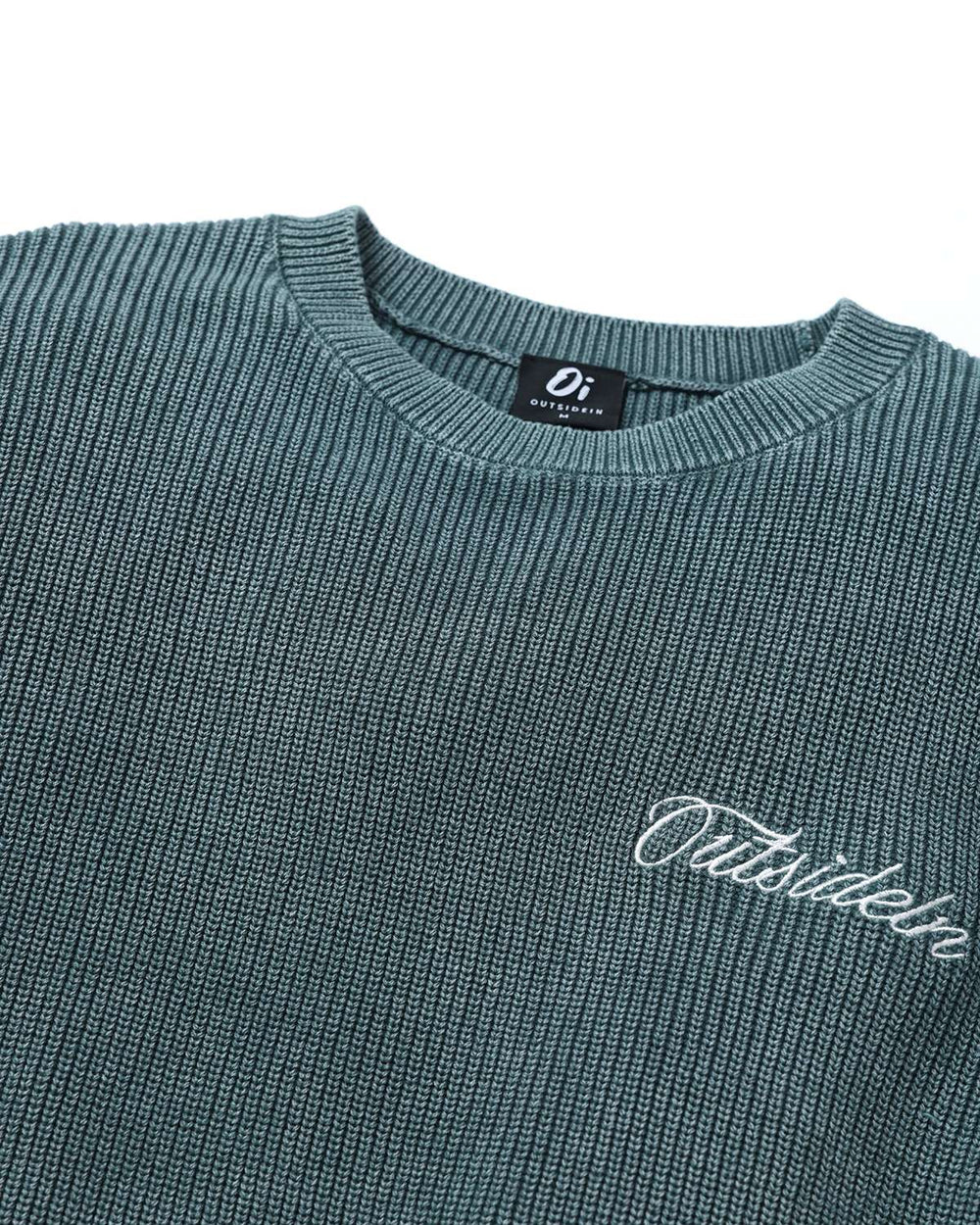 Fern green rib knit crewneck sweater, close-up of collar and chest logo