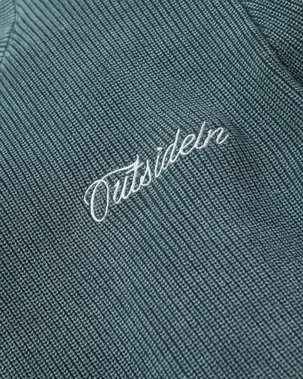 Fern green rib knit sweater with embroidered cursive logo on chest