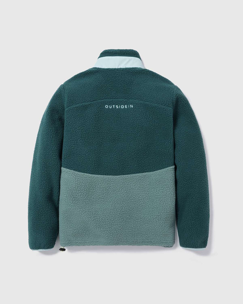 Evergreen button-up borg fleece in back view with OutsideIn label