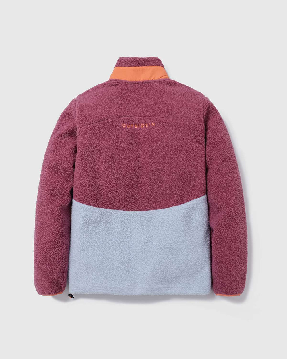 Back view of two-tone fleece jacket in purple top and light blue bottom with orange collar.