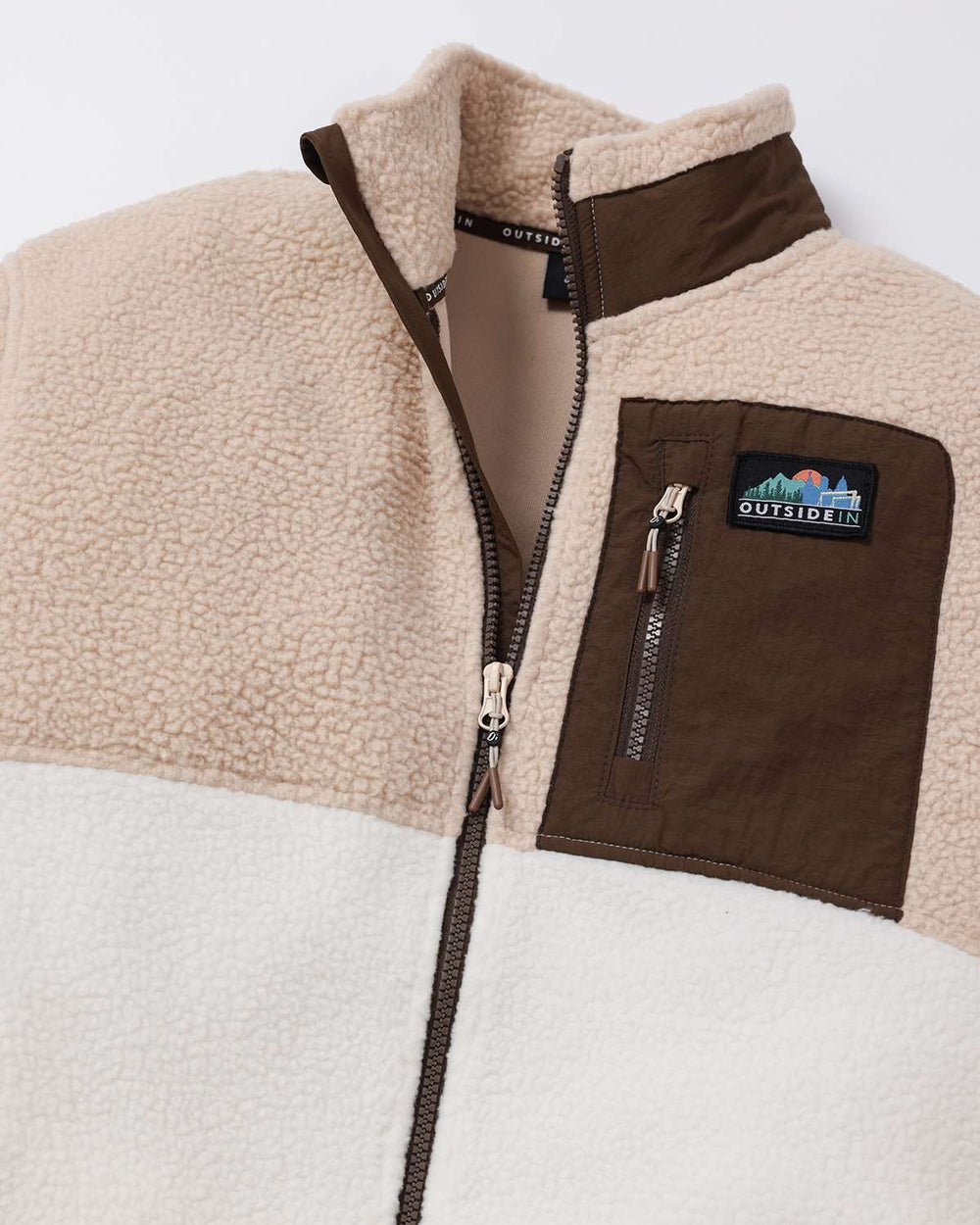 Men’s fleece full-zip jacket with mock neck, tan sherpa texture, brown chest panels