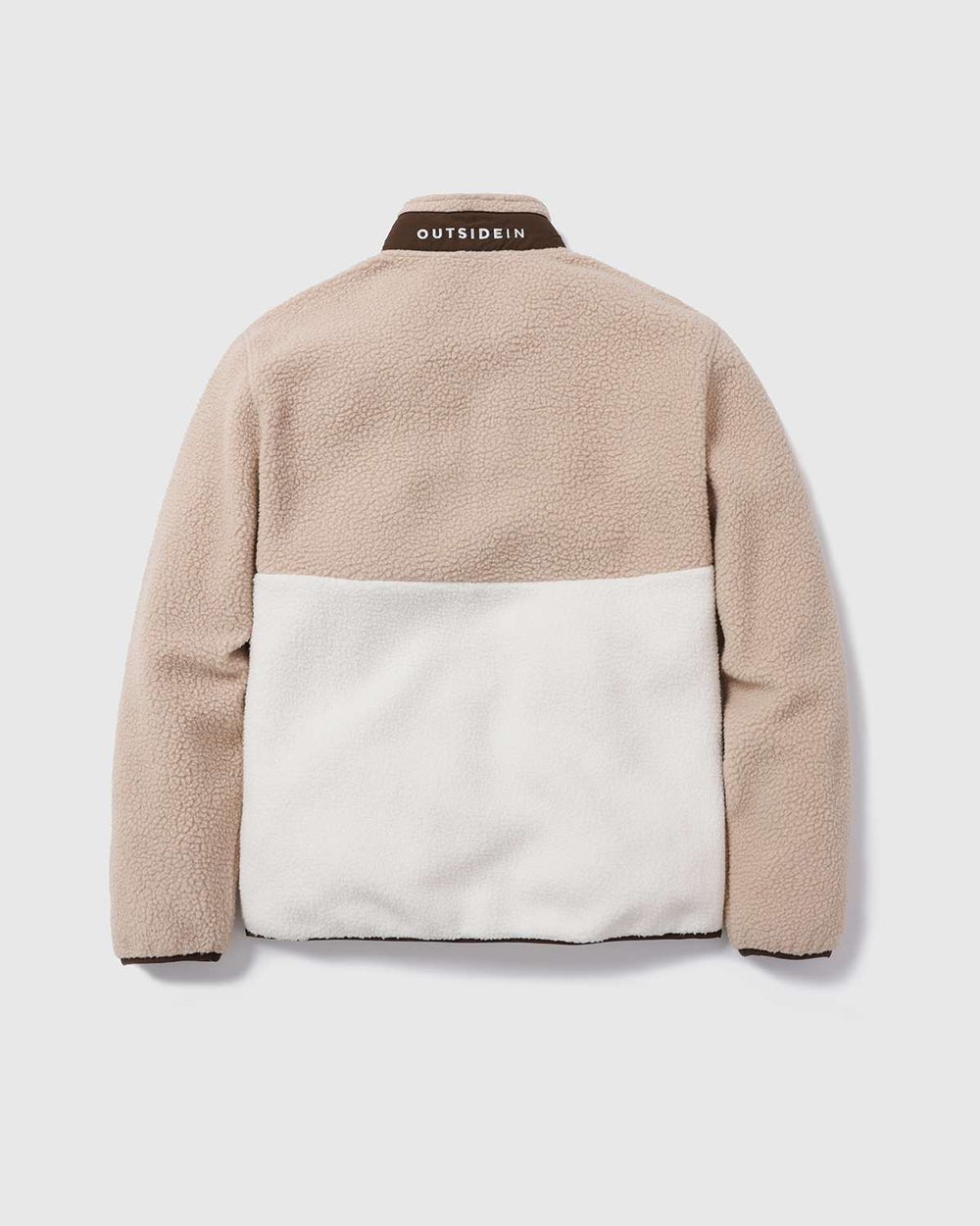 Fleece full-zip jacket back view with tan body, brown yoke, and OutsideIn logo label