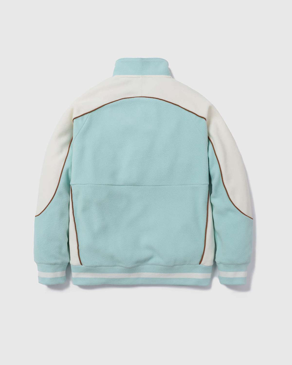 Ice blue sports fleece jacket back with stand collar and contrast piping