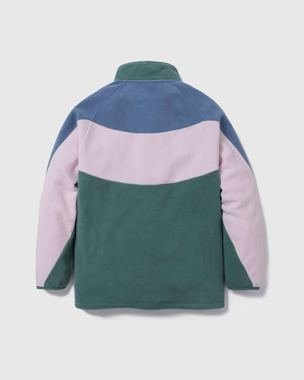 Colorblock fleece quarter-zip jacket, back view with teal, blue, and pink panels