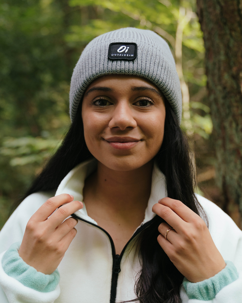 Grey thermal beanie hat, cosy knitted winter cap, unisex warm accessory.
