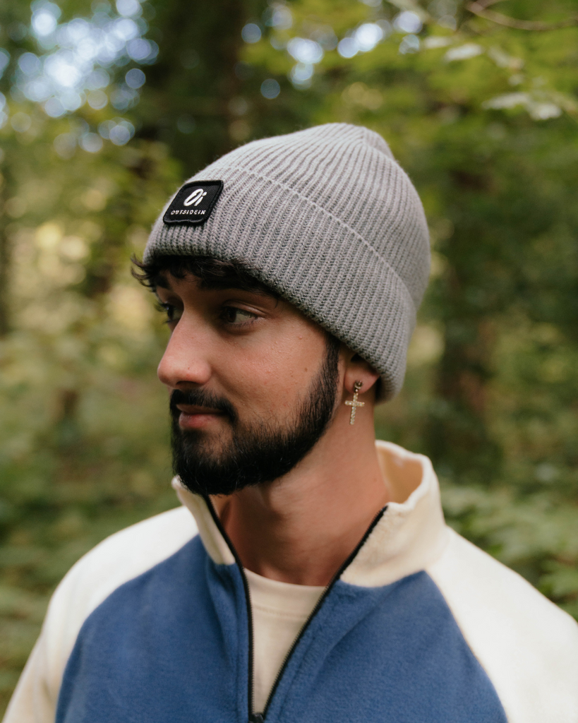 Grey thermal beanie hat, cosy knitted winter cap, unisex warm accessory.