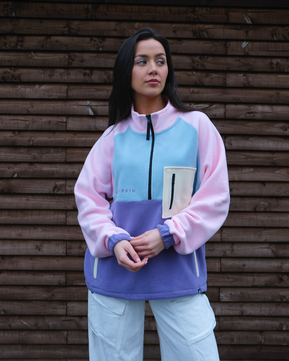 Person wearing Petal Bloom Pocket Fleece, outdoor fleece jacket with 1/2 zip design