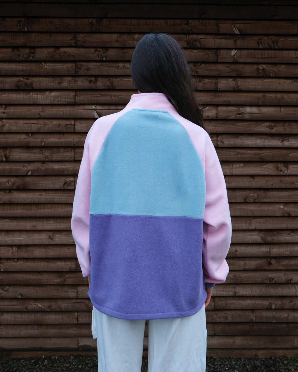 Back view of Petal Bloom fleece 1/2 zip, soft Outside In outdoor fleece jacket