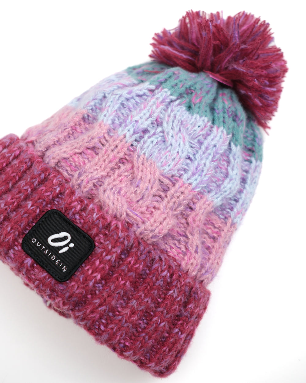 Maroon and lilac knit beanie with side brand patch and pom pom