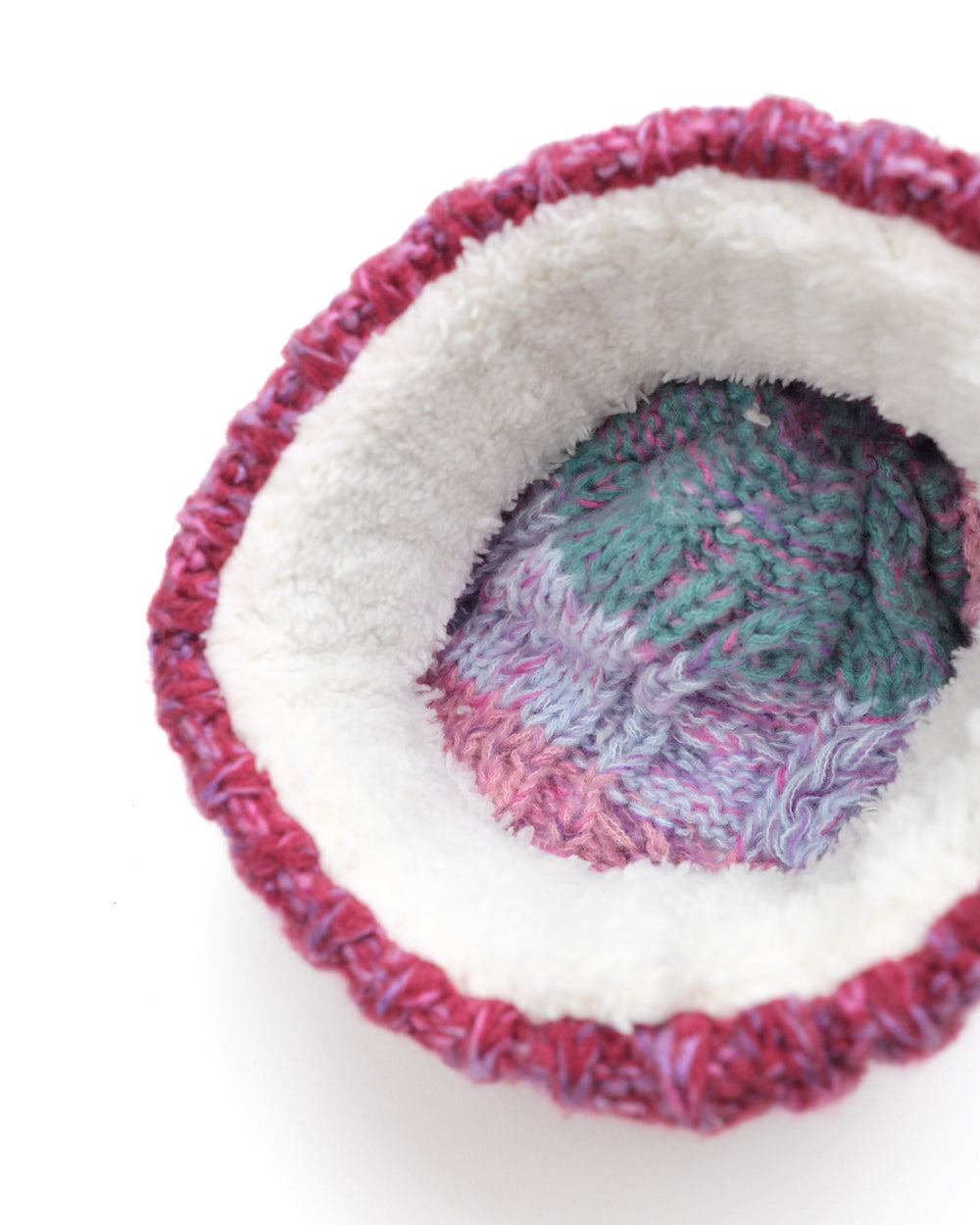 Maroon ribbed beanie with multicolor knit lining and pom pom