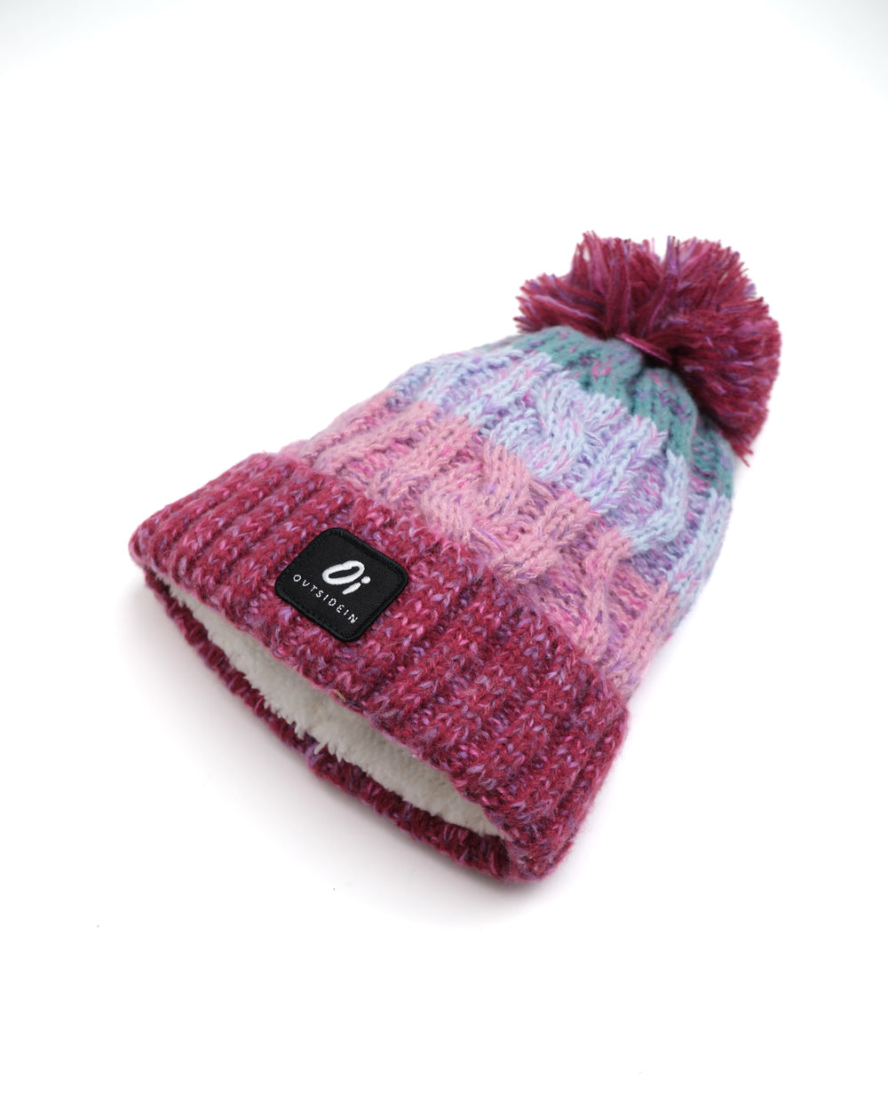 Maroon knit beanie with pom pom, multicolor speckled cuff, brand patch