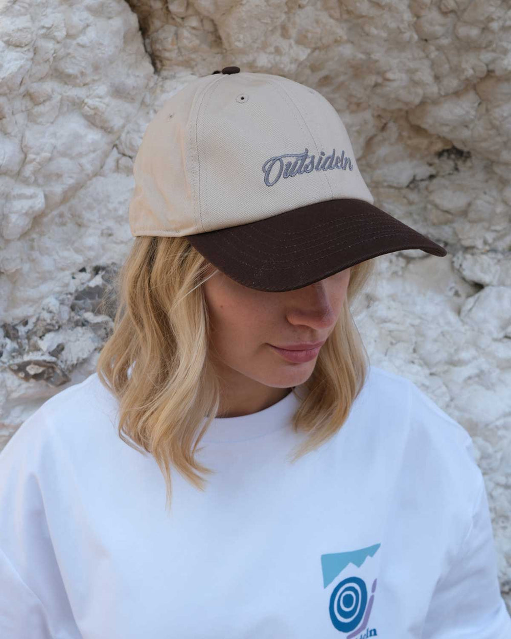 Model wearing OutsideIn Driftwood Brown Embroidered Cap