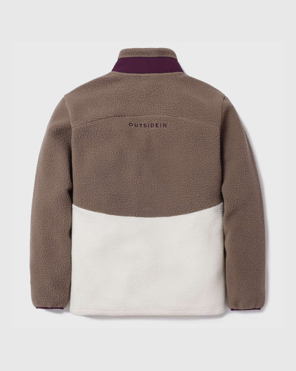 Button-up borg fleece jacket back view, brown upper and white lower panel