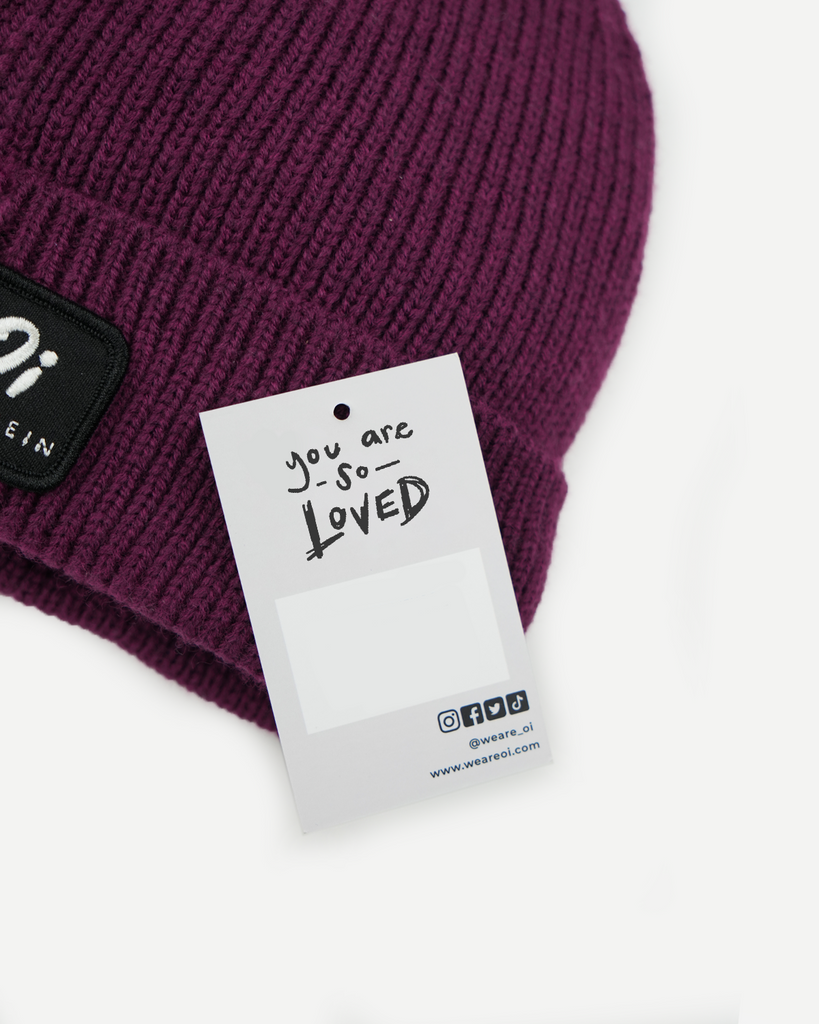 Plum thermal beanie hat, cosy knitted winter cap, unisex warm accessory.