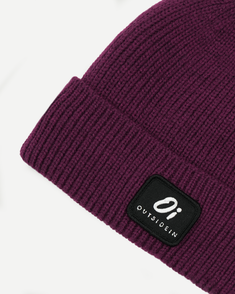 Plum thermal beanie hat, cosy knitted winter cap, unisex warm accessory.