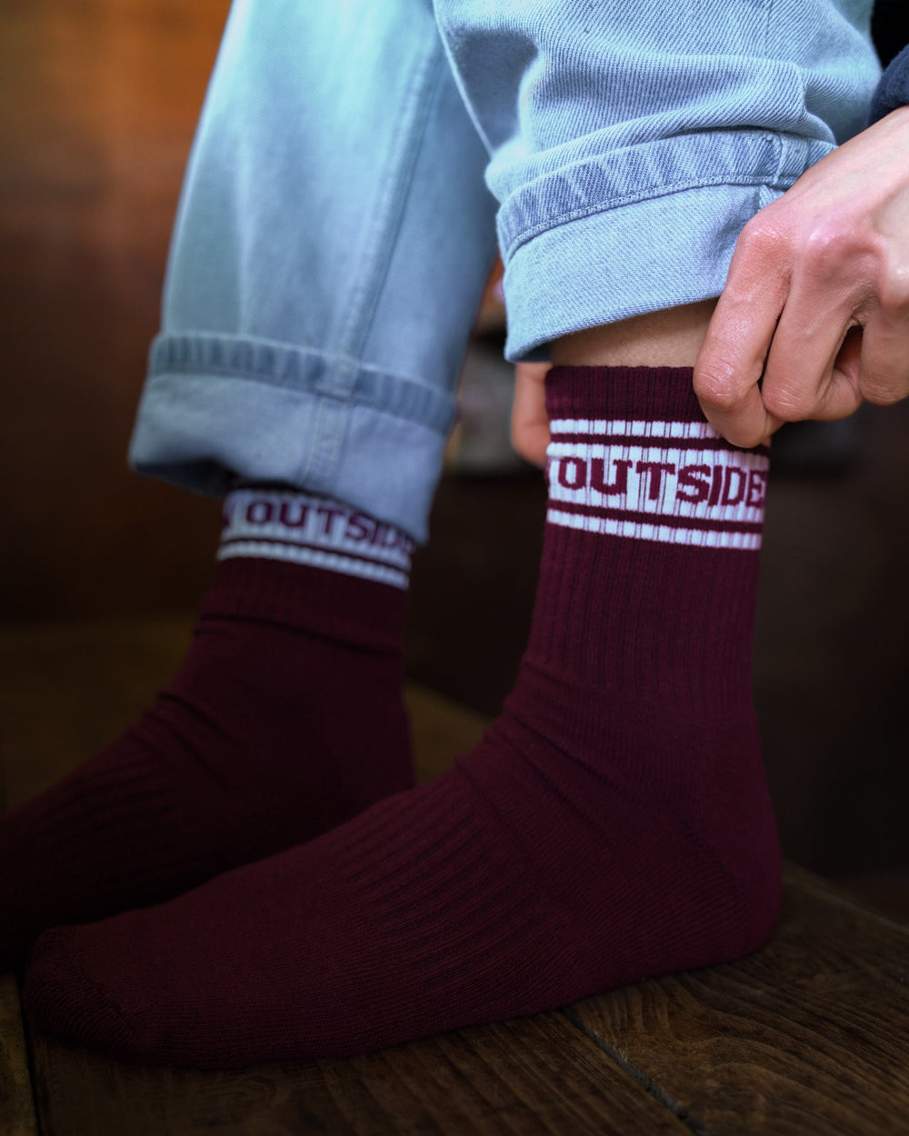 OutsideIn Burgundy Vintage Socks, model shot