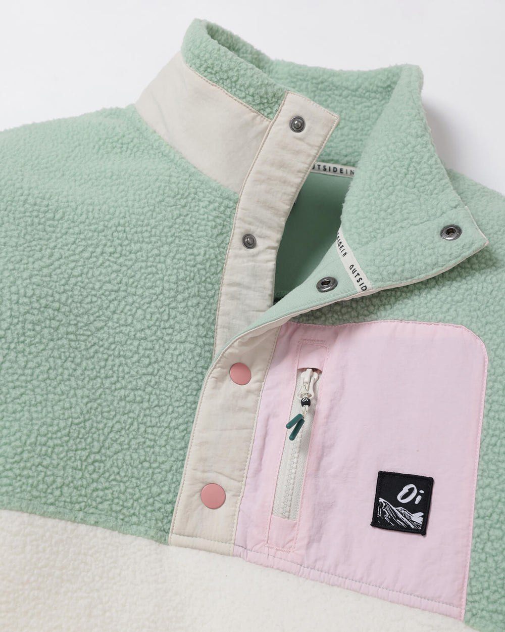Button-up borg fleece with sage green sherpa, cream placket, pink pocket panel