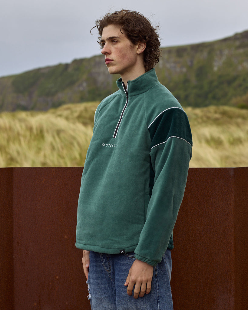 Pine Canyon green fleece jacket, quarter zip outdoor fleece with adjustable toggles, unisex adventure outerwear.