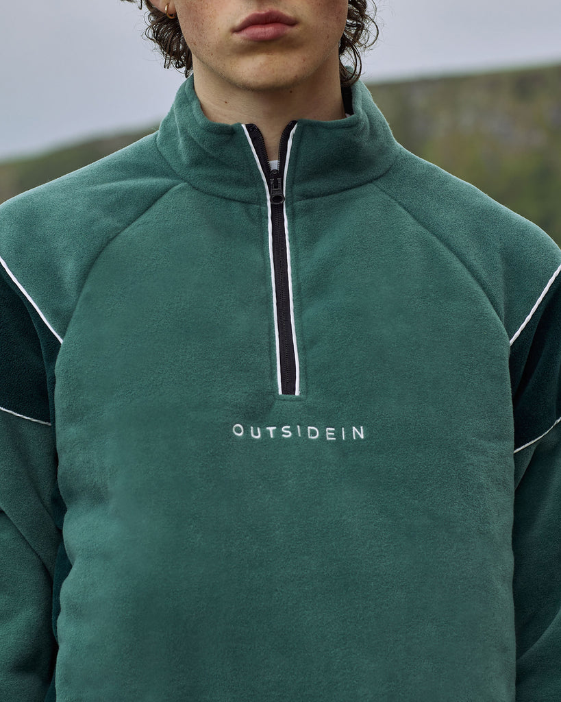 Pine Canyon green fleece jacket, quarter zip outdoor fleece with adjustable toggles, unisex adventure outerwear.