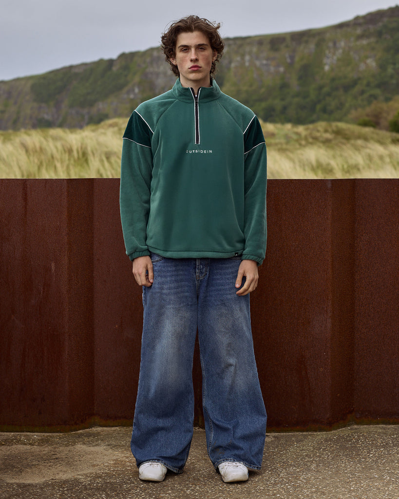 Pine Canyon green fleece jacket, quarter zip outdoor fleece with adjustable toggles, unisex adventure outerwear.