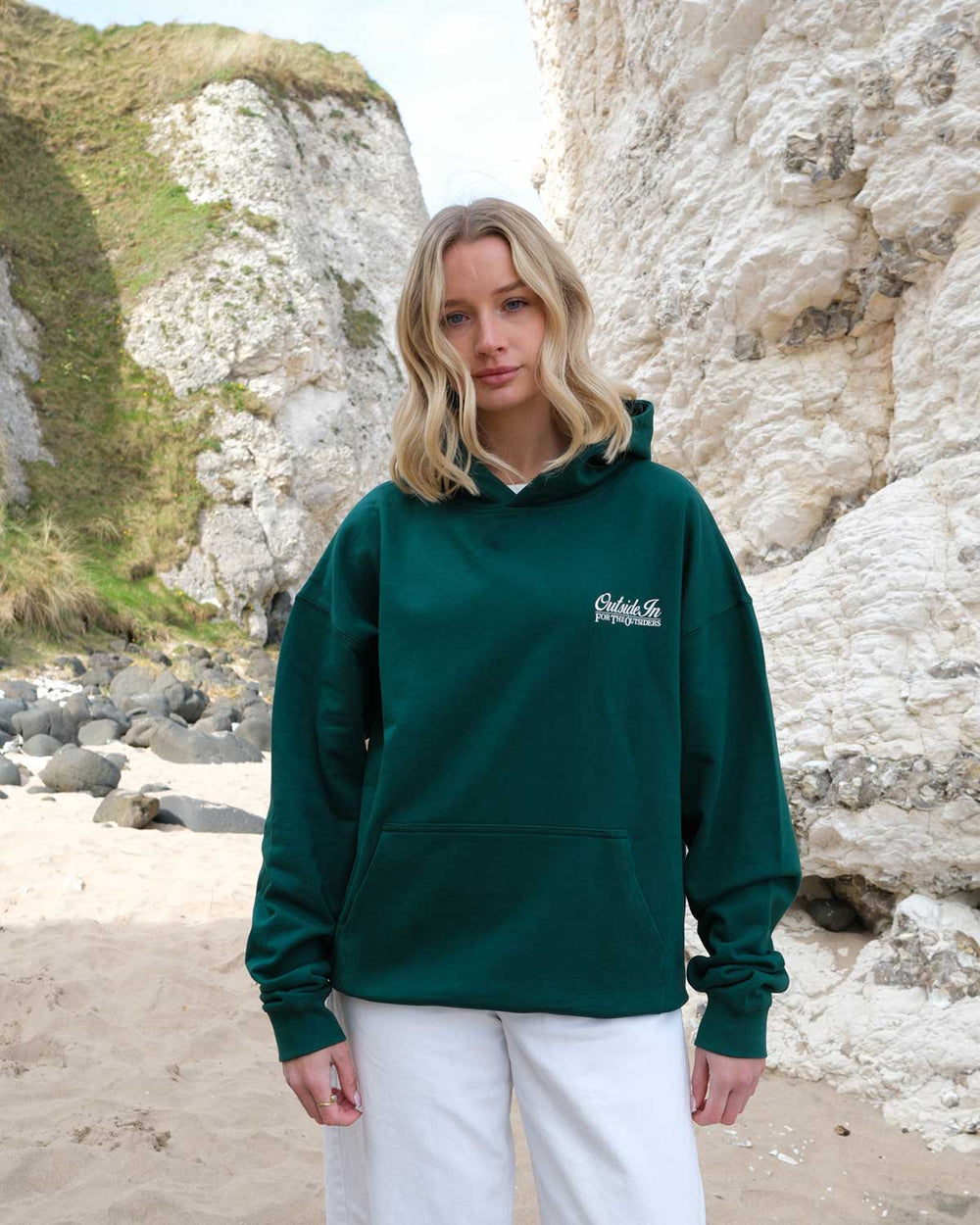 Model wearing OutsideIn Causeway Pine Hoodie 