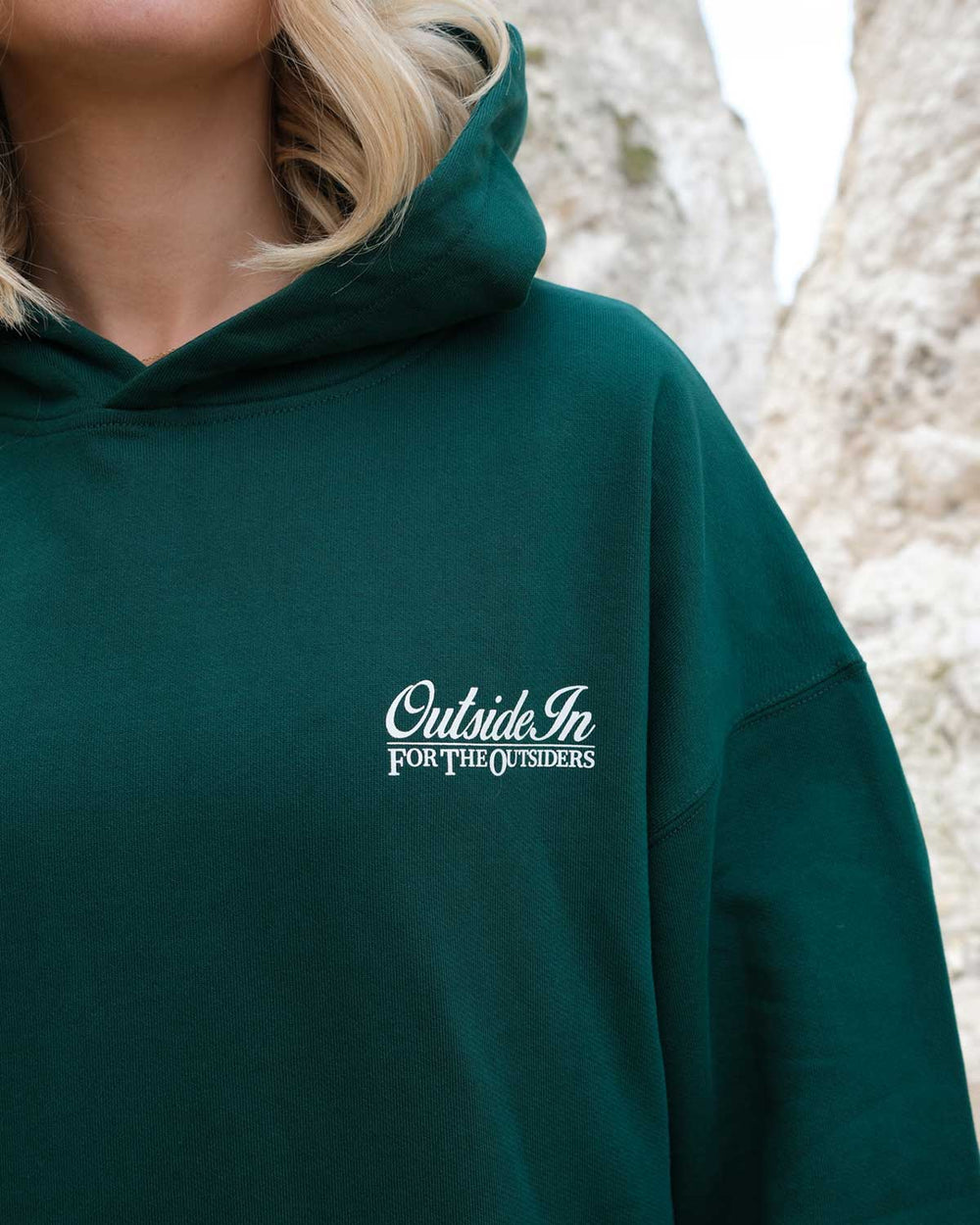 Close up of chest graphic for OutsideIn Causeway Pine Hoodie