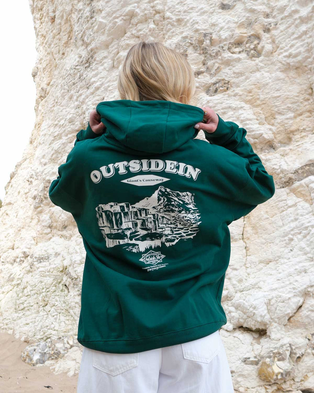 Model wearing OutsideIn Causeway Pine Hoodie Back