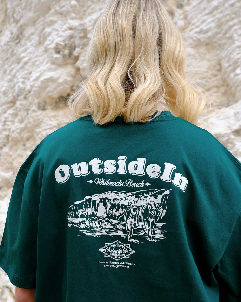 Close up of OutsideIn Pine Green Whiterocks t-shirt.