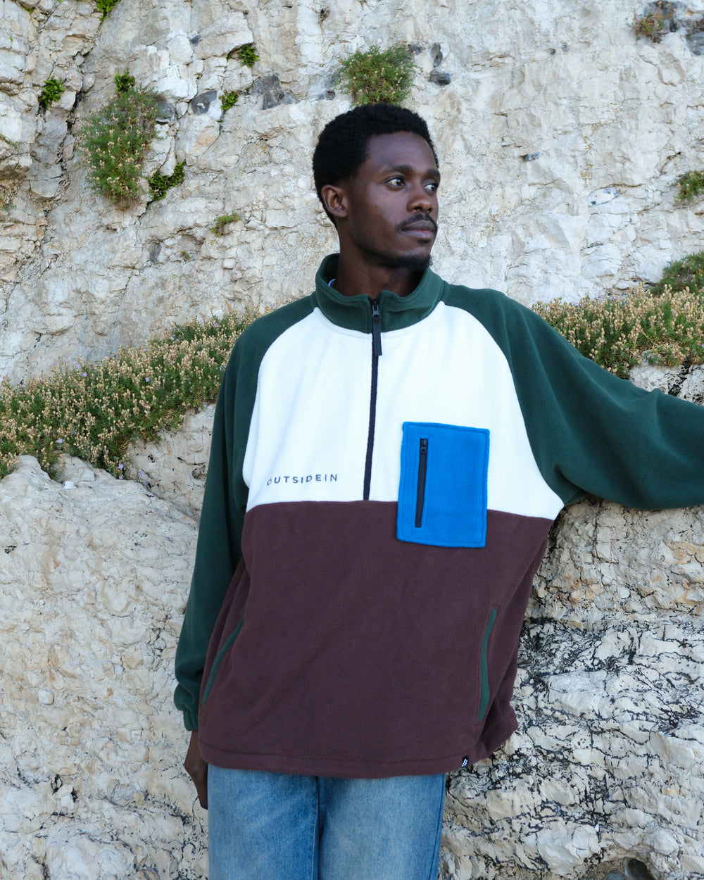Mens Half Zip Fleece, this fleece is a colour block fleece with and oversized fit. This Green and Brown Pocket Fleece from OutsideIn has functional pockets and it's comfortable yet trendy.