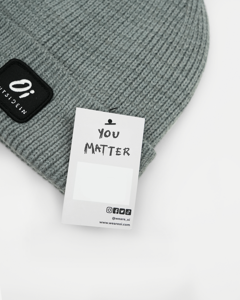 Grey thermal beanie hat, cosy knitted winter cap, unisex warm accessory.