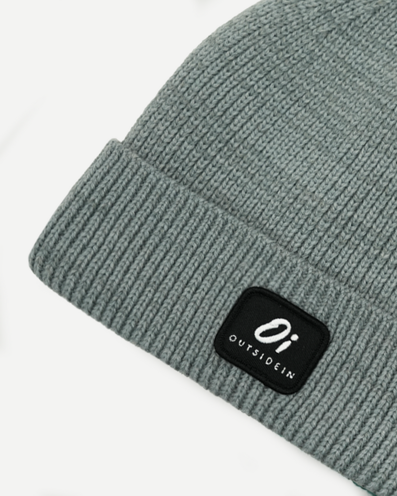 Grey thermal beanie hat, cosy knitted winter cap, unisex warm accessory.