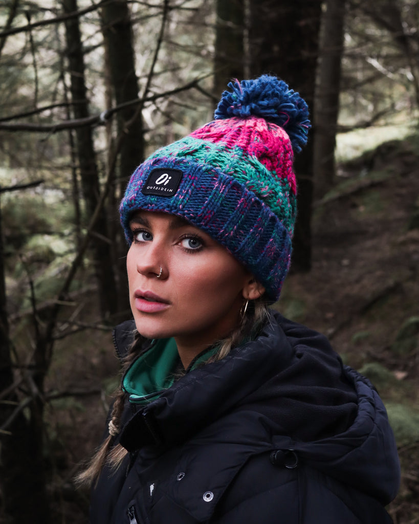 Retro Pop Pom hat with partial faux shearling lining and acrylic knit