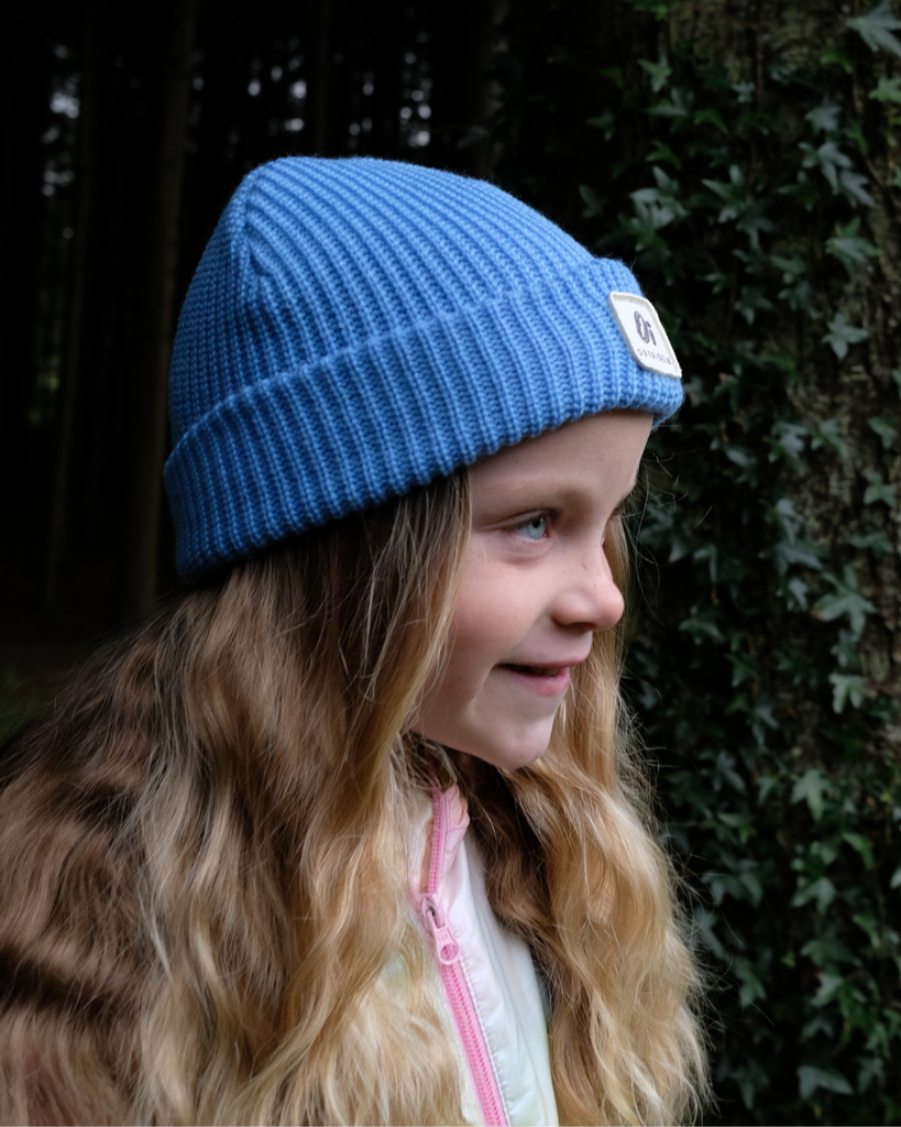 Blue kids beanie, warm winter hat for children, cosy and comfortable.