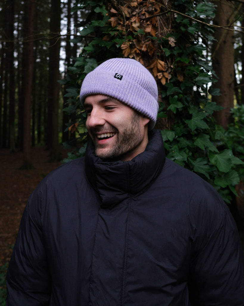 Lavender beanie hat, thick knit winter hat, cosy unisex knitted accessory.