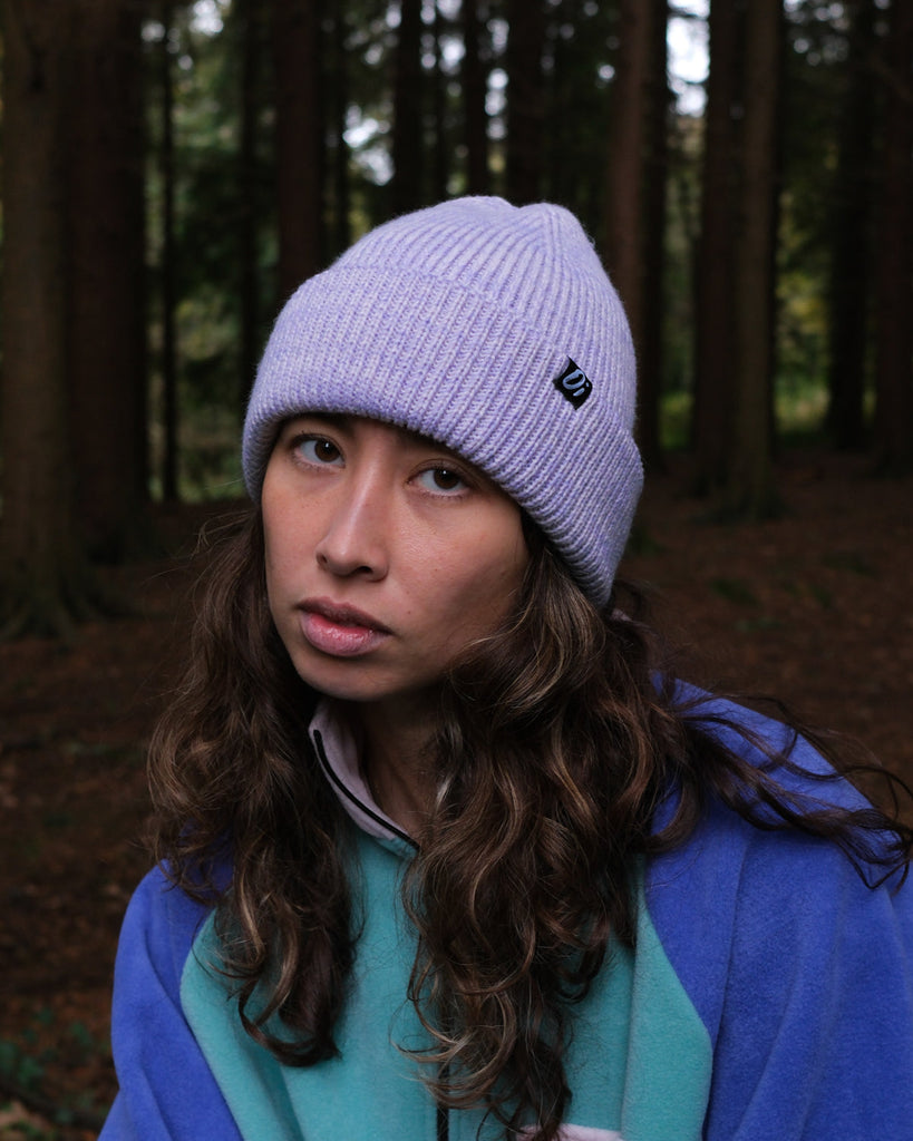 Lavender beanie hat, thick knit winter hat, cosy unisex knitted accessory.