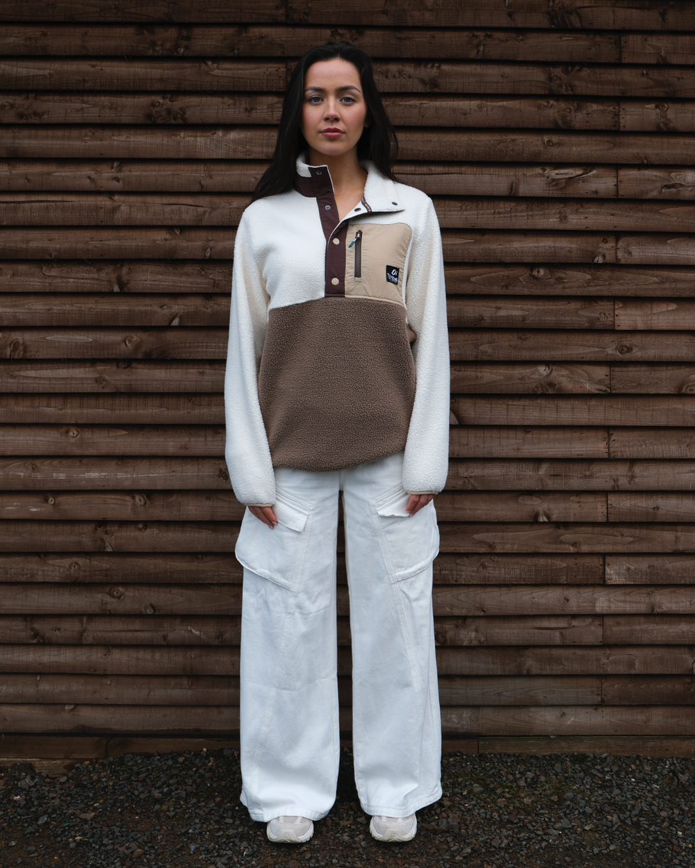 Model wearing Chestnut Button Up Brown Borg Fleece