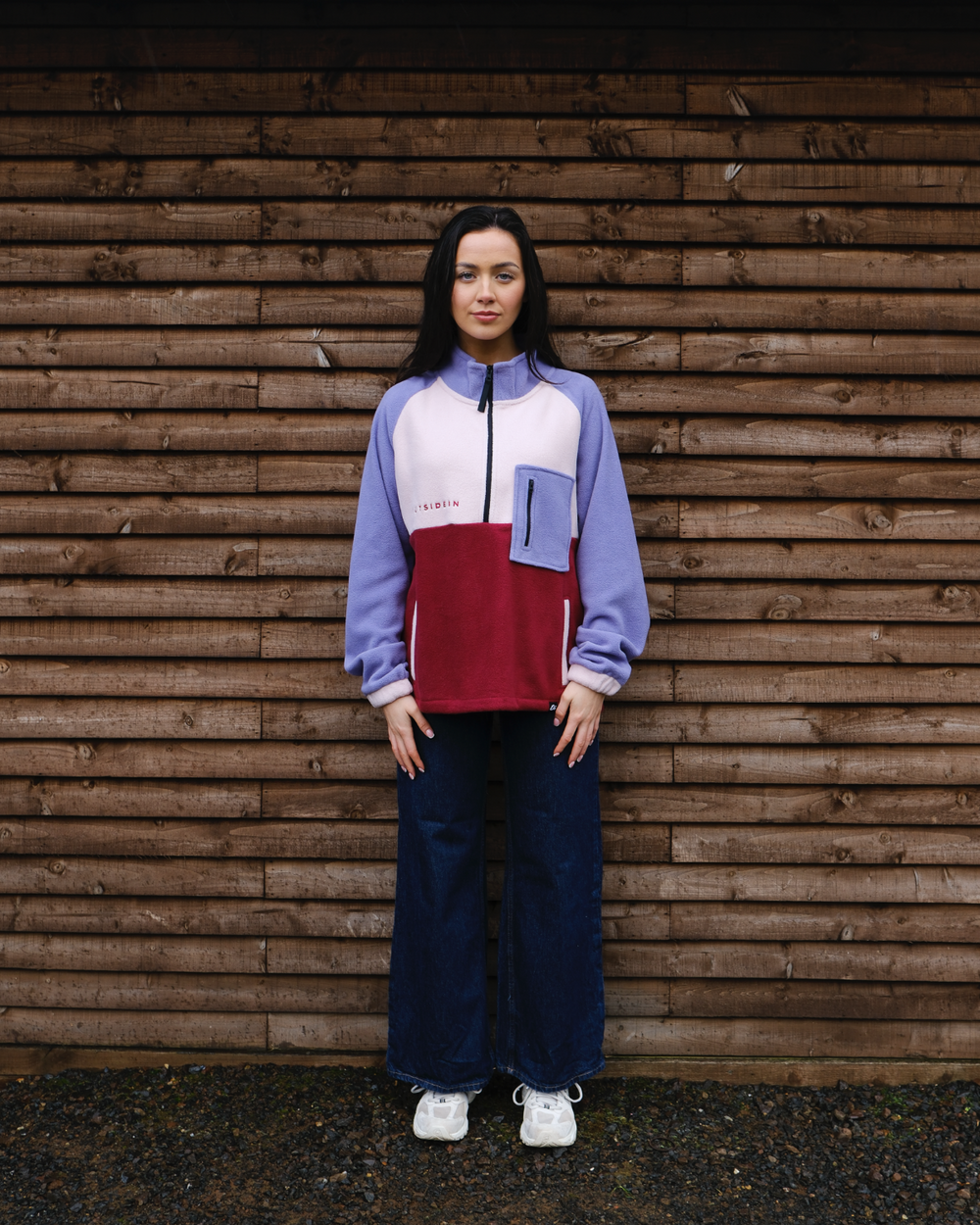 Model wearing Wild Mulberry 1/2 Zip Pocket Fleece, full view
