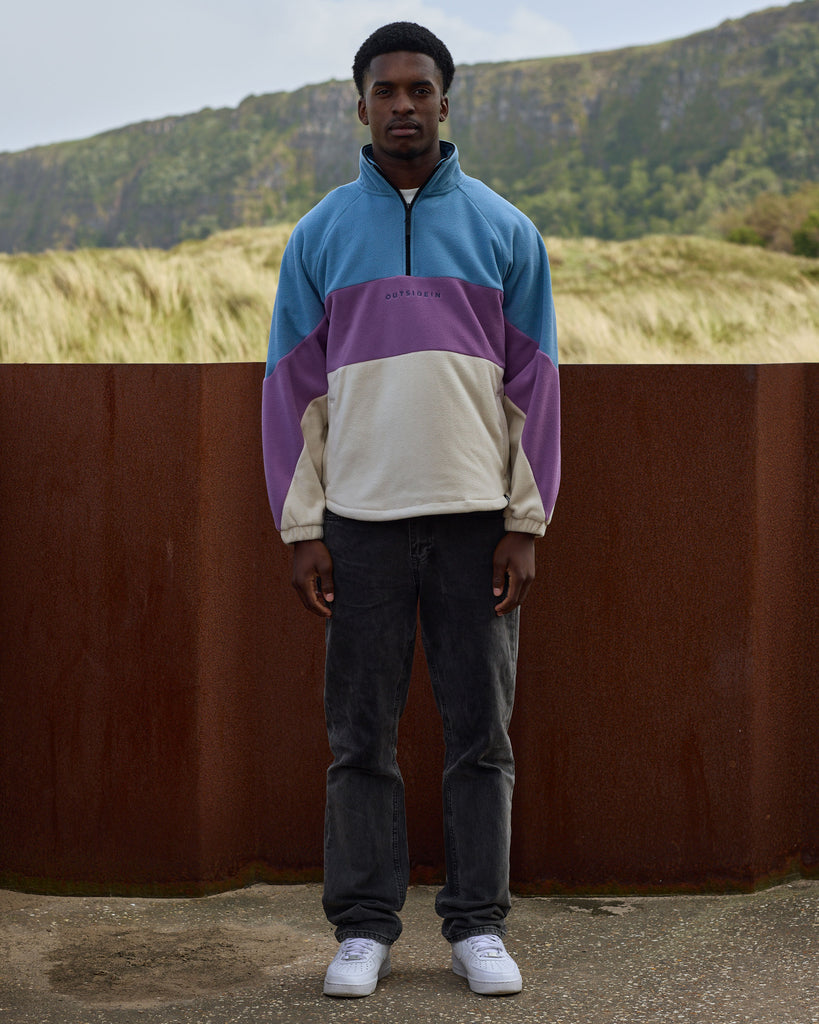 Unisex Aqua Purple Band Fleece with panelled design, toggle fastening, and cosy pockets
